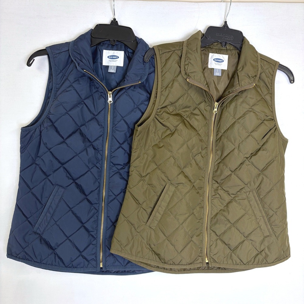 Old Navy Quilted Puffer Vest Bundle Lot 2 Olive Green Navy Zip Small Preppy